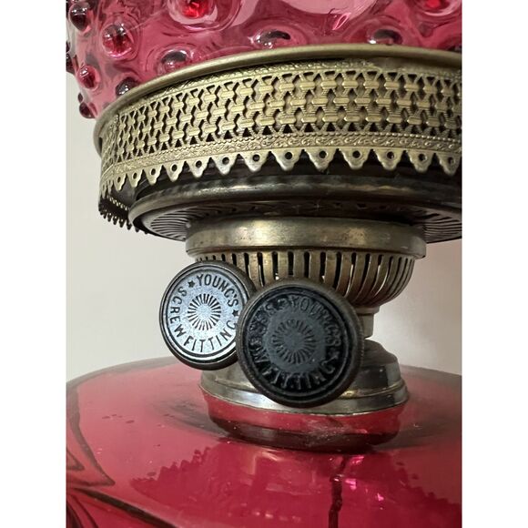 1800s Antique Victorian Cranberry Glass Oil Lantern Converted Table Parlor Lamp - Picture 7 of 13